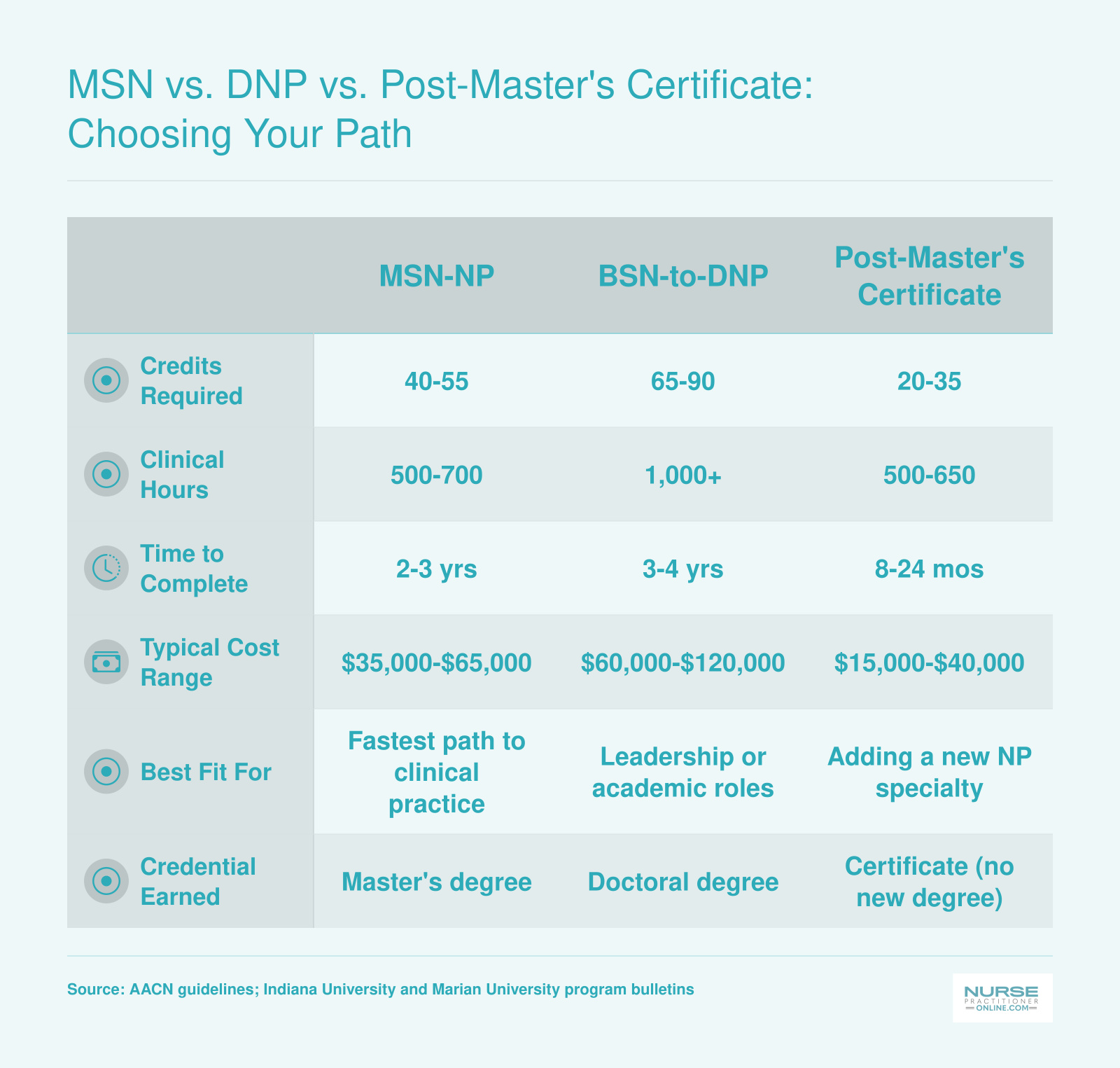 Comparison of MSN, BSN-to-DNP, and post-master's NP certificate programs across credits, clinical hours, duration, cost, and career fit