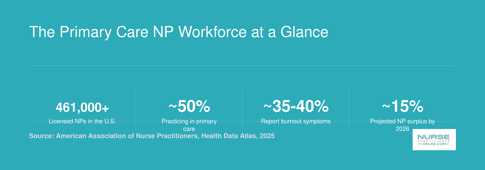 Six workforce statistics for nurse practitioners including total licensed NPs, primary care share, burnout rate, projected surplus, panel size, and FNP graduate retention in primary care as of 2025