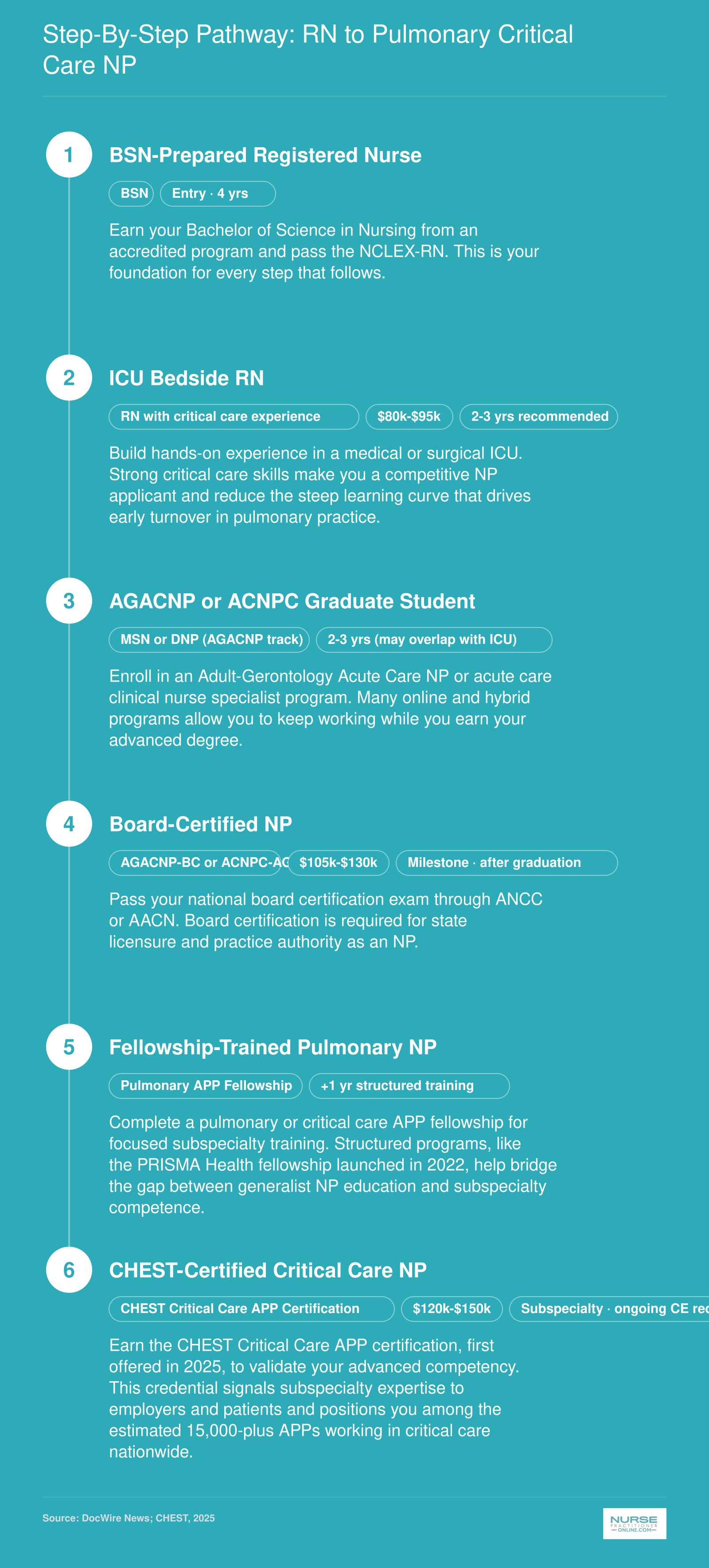 Career pathway from BSN through ICU experience, AGACNP degree, board certification, fellowship, and CHEST critical care certification, spanning roughly 9 to 13 years