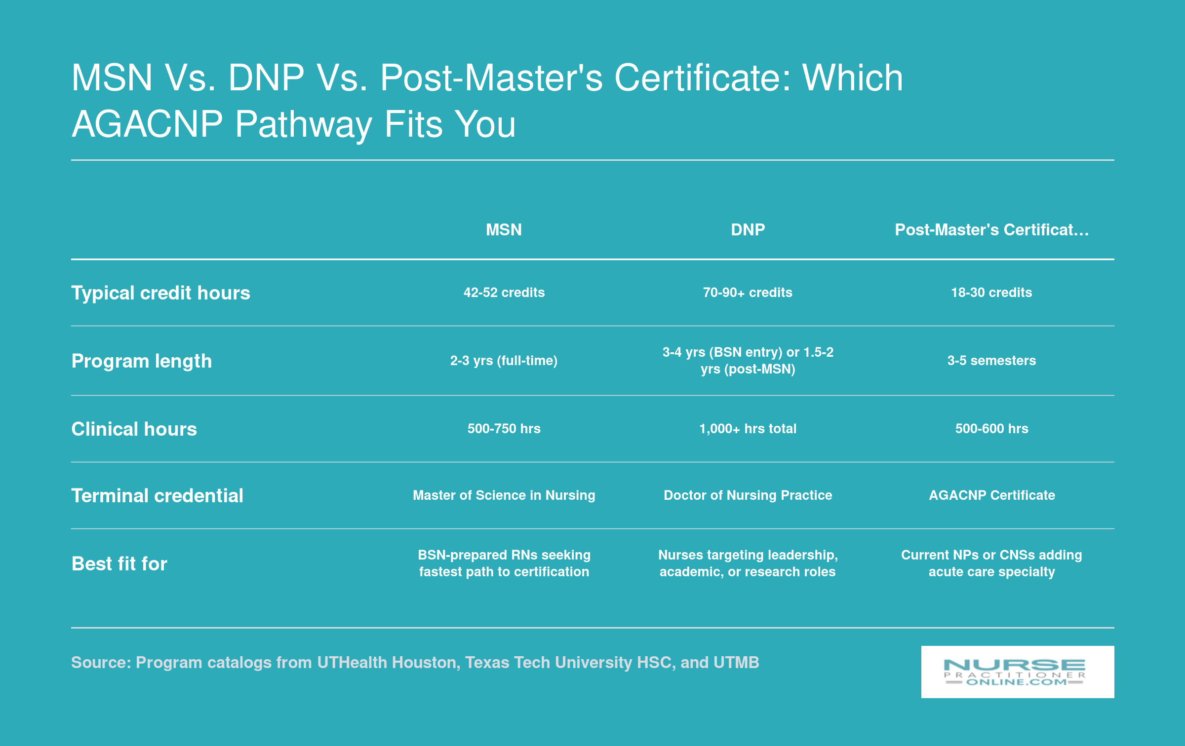Side-by-side comparison of MSN, DNP, and Post-Master's AGACNP pathways showing credit hours, program length, clinical hours, and best fit