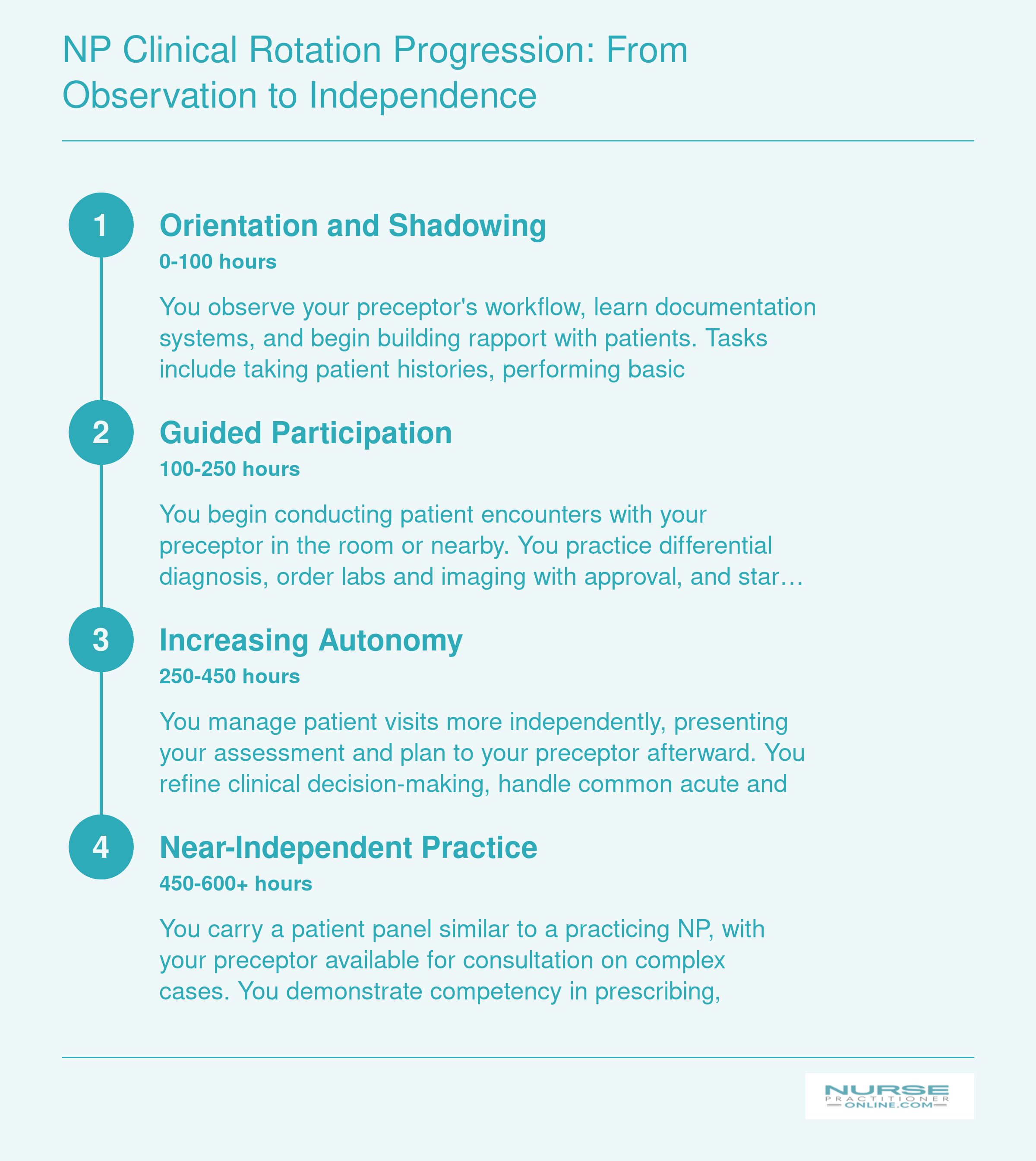 Four-phase NP clinical rotation progression from shadowing at 0 hours through near-independent practice by 500 plus hours