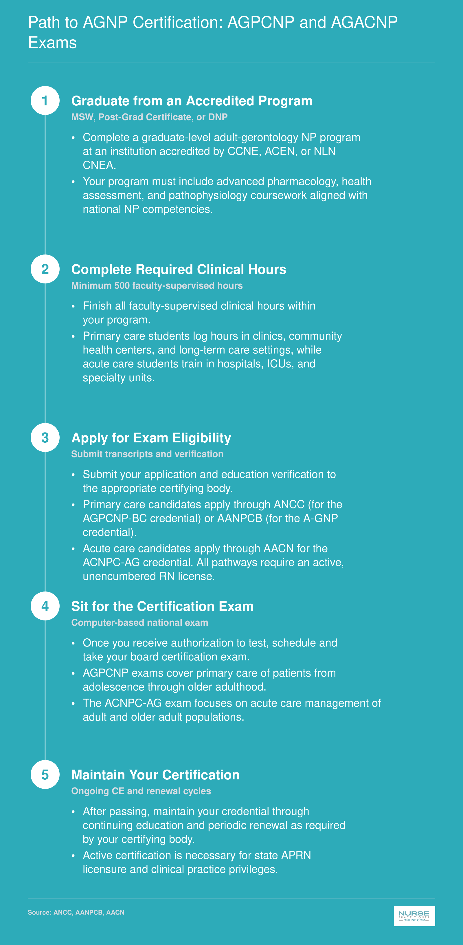 Five-step certification pathway from accredited AGNP program graduation through board exam and credential maintenance for AGPCNP and AGACNP tracks