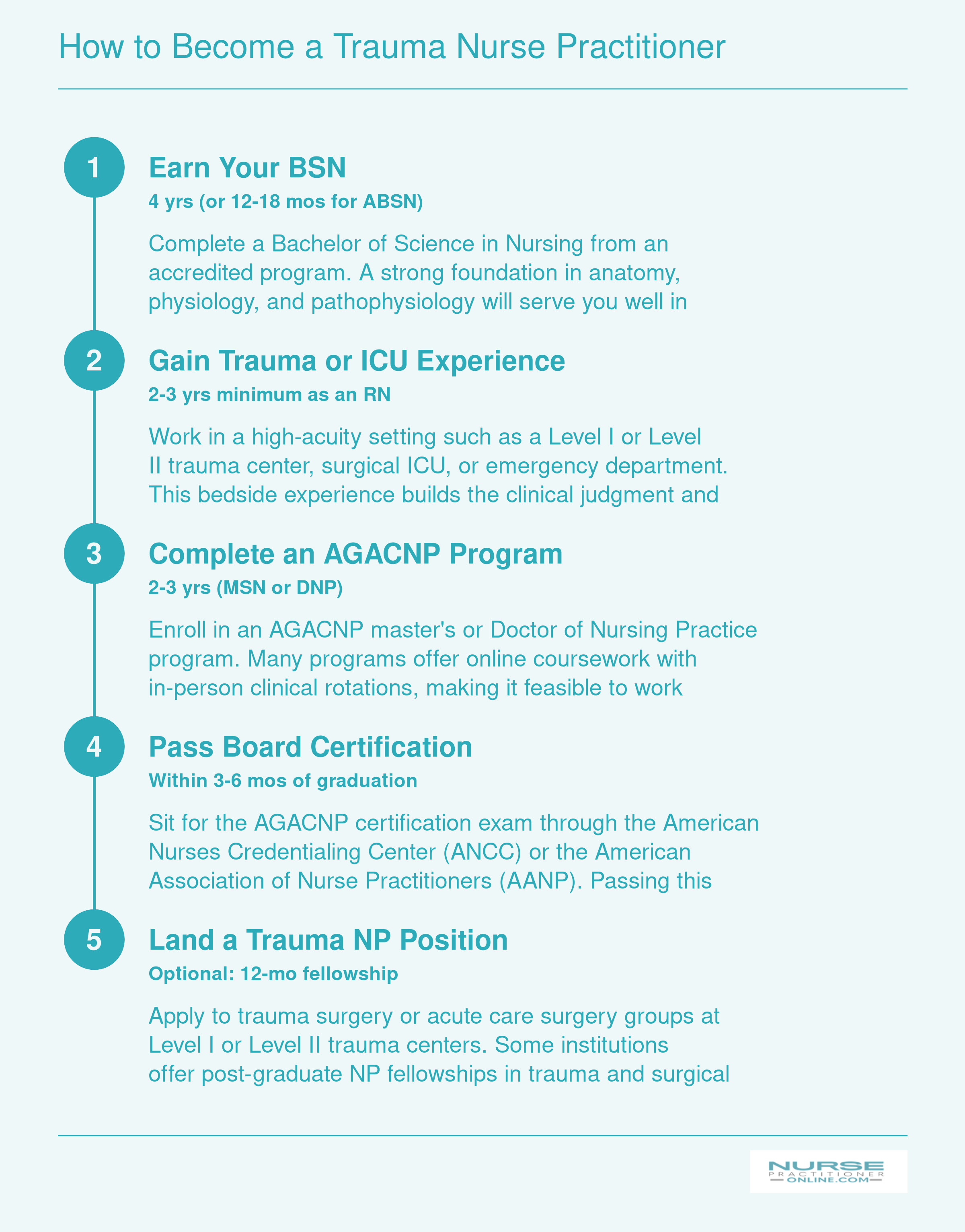 Five-step pathway from BSN through RN trauma experience, AGACNP degree, board certification, and trauma NP hiring, spanning roughly seven to ten years