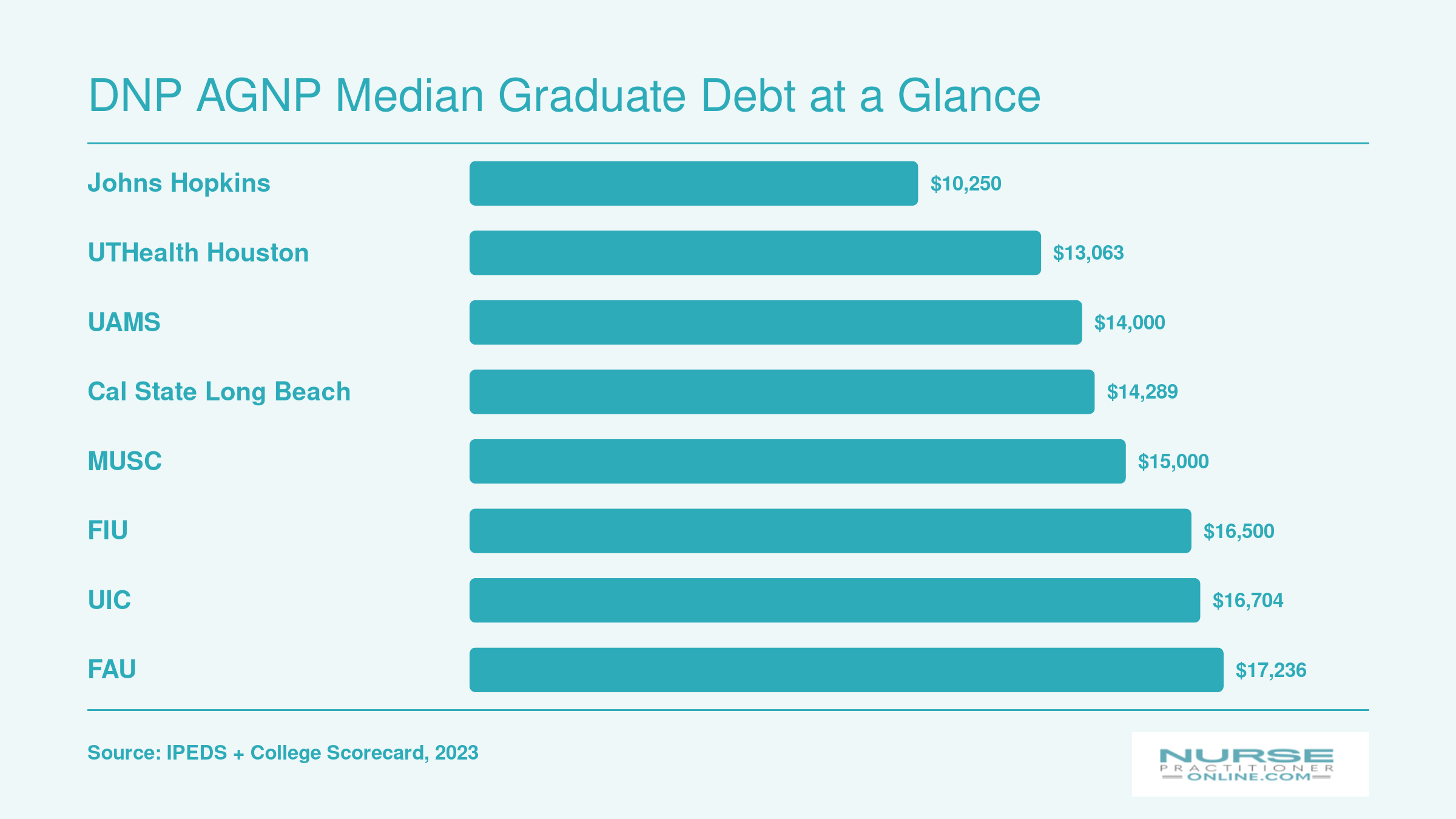 Median federal graduate debt at eight DNP AGNP programs ranging from $10,250 at Johns Hopkins to $17,236 at Florida Atlantic University