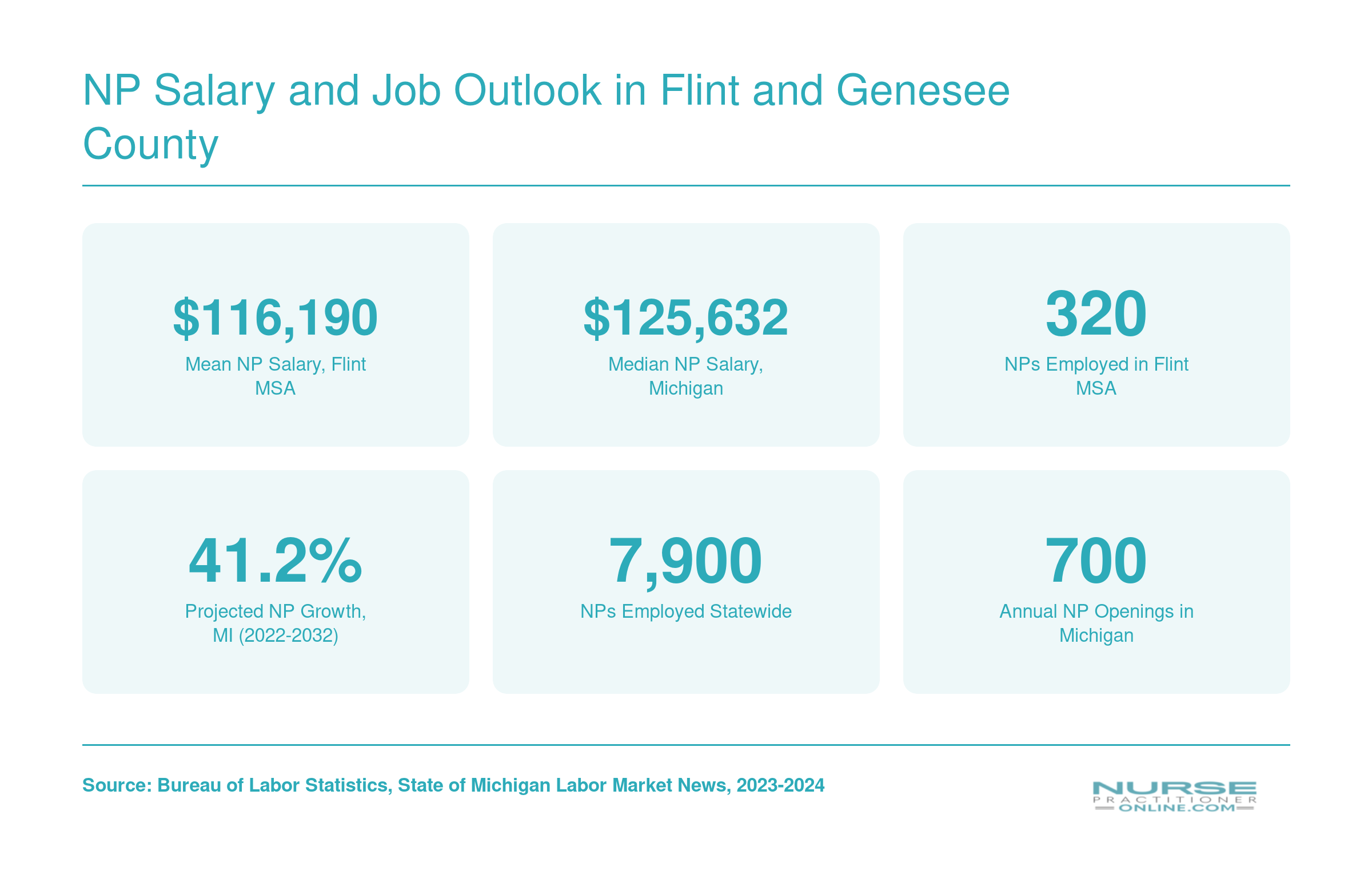 NP salary and employment statistics for the Flint MSA and Michigan, including $116,190 mean salary, 320 employed, and 41.2% projected growth
