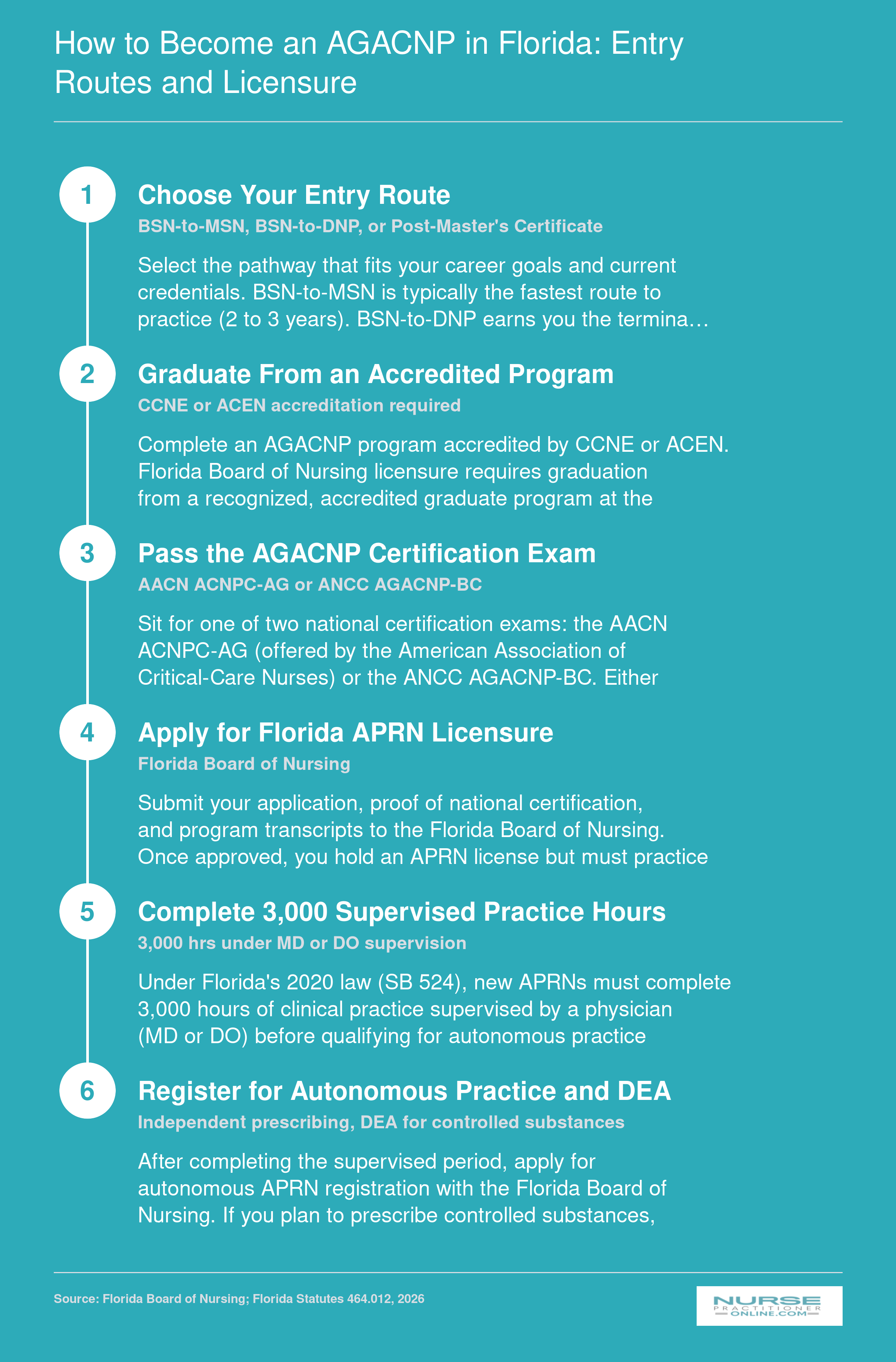 Six-step pathway from choosing an AGACNP entry route through Florida APRN licensure, 3,000 supervised hours, and autonomous practice registration