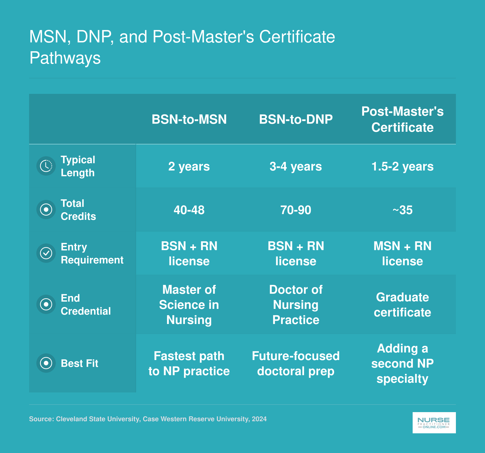 Side-by-side comparison of BSN-to-MSN, BSN-to-DNP, and post-master's certificate NP pathways showing typical length, credits, entry requirements, and best-fit scenarios