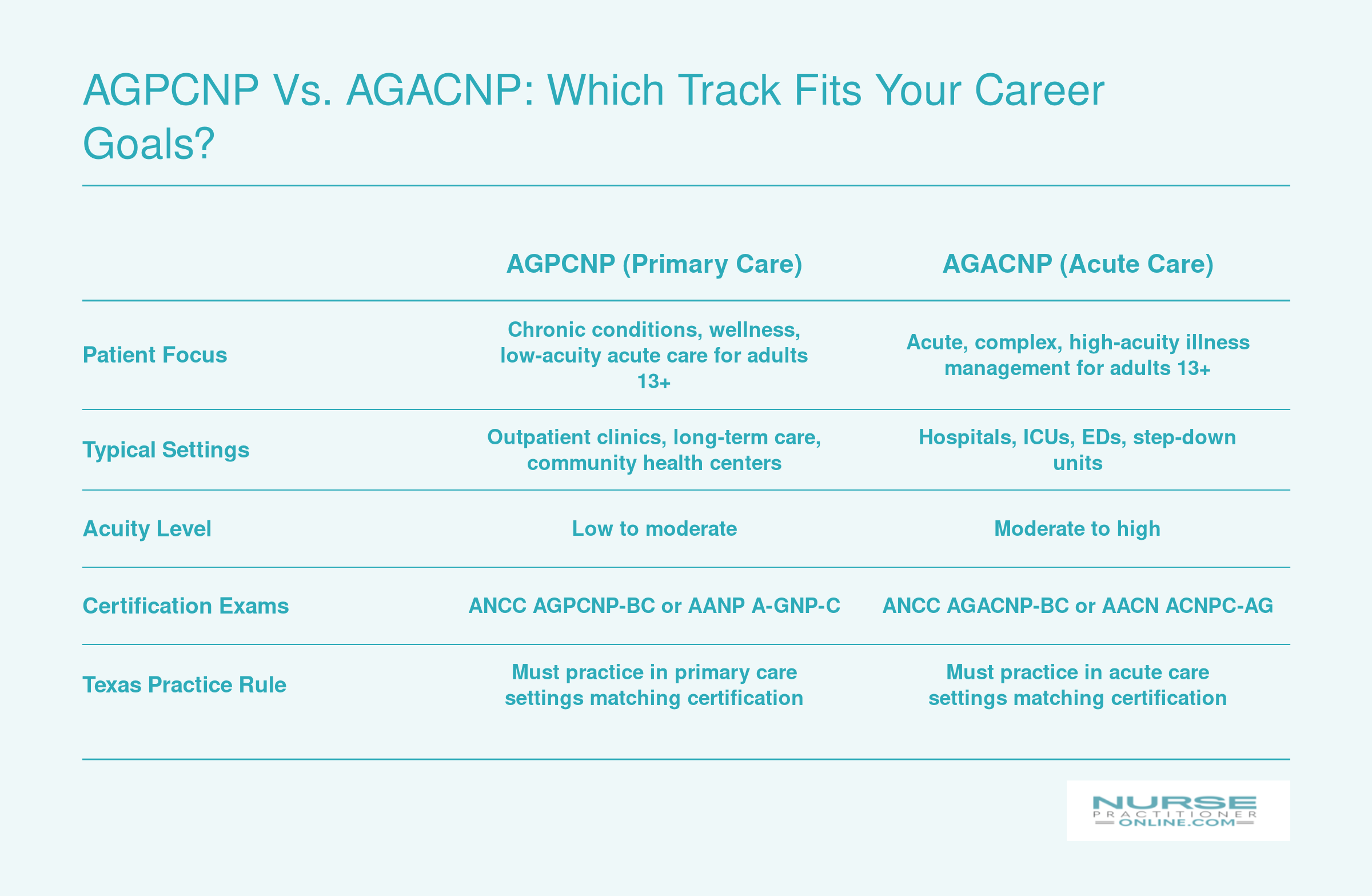 Side-by-side comparison of AGPCNP and AGACNP tracks across patient focus, settings, certifications, acuity level, and Texas practice rules