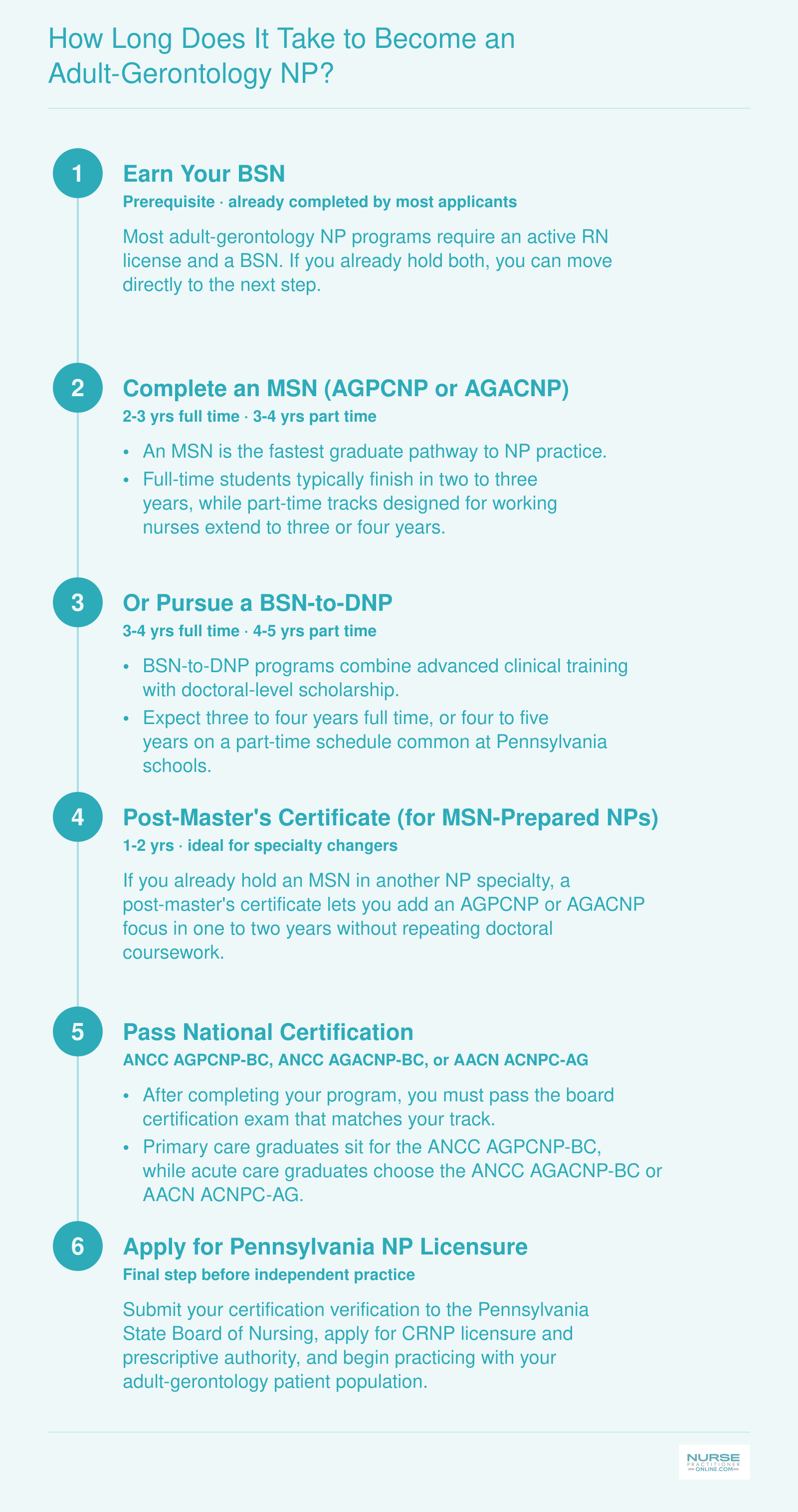 Six-step timeline from BSN through MSN or DNP to certification and Pennsylvania NP licensure, with part-time and full-time duration estimates