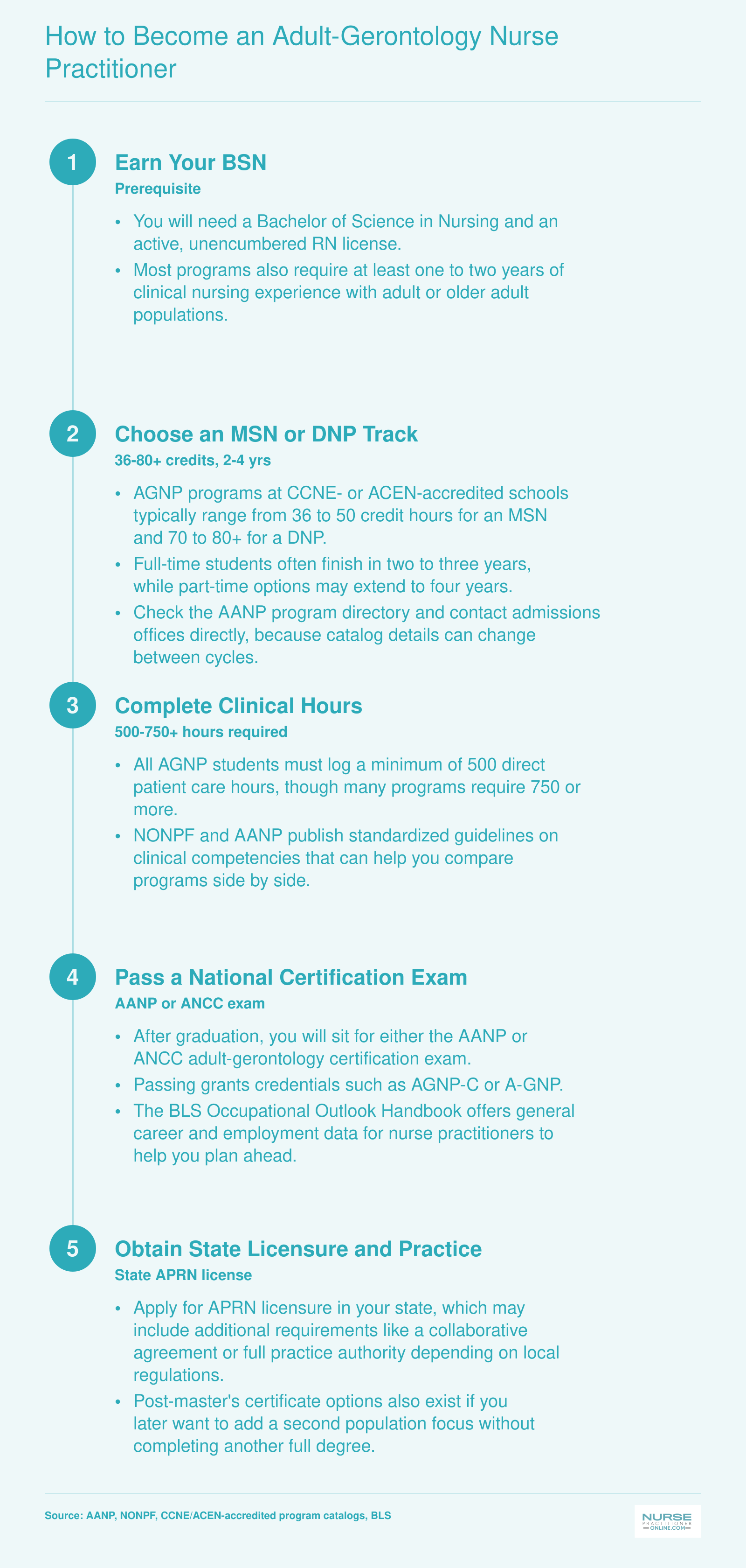 Five-step pathway from BSN through certification to become an adult-gerontology nurse practitioner, covering 36 to 80 plus credits and 500 to 750 plus clinical hours
