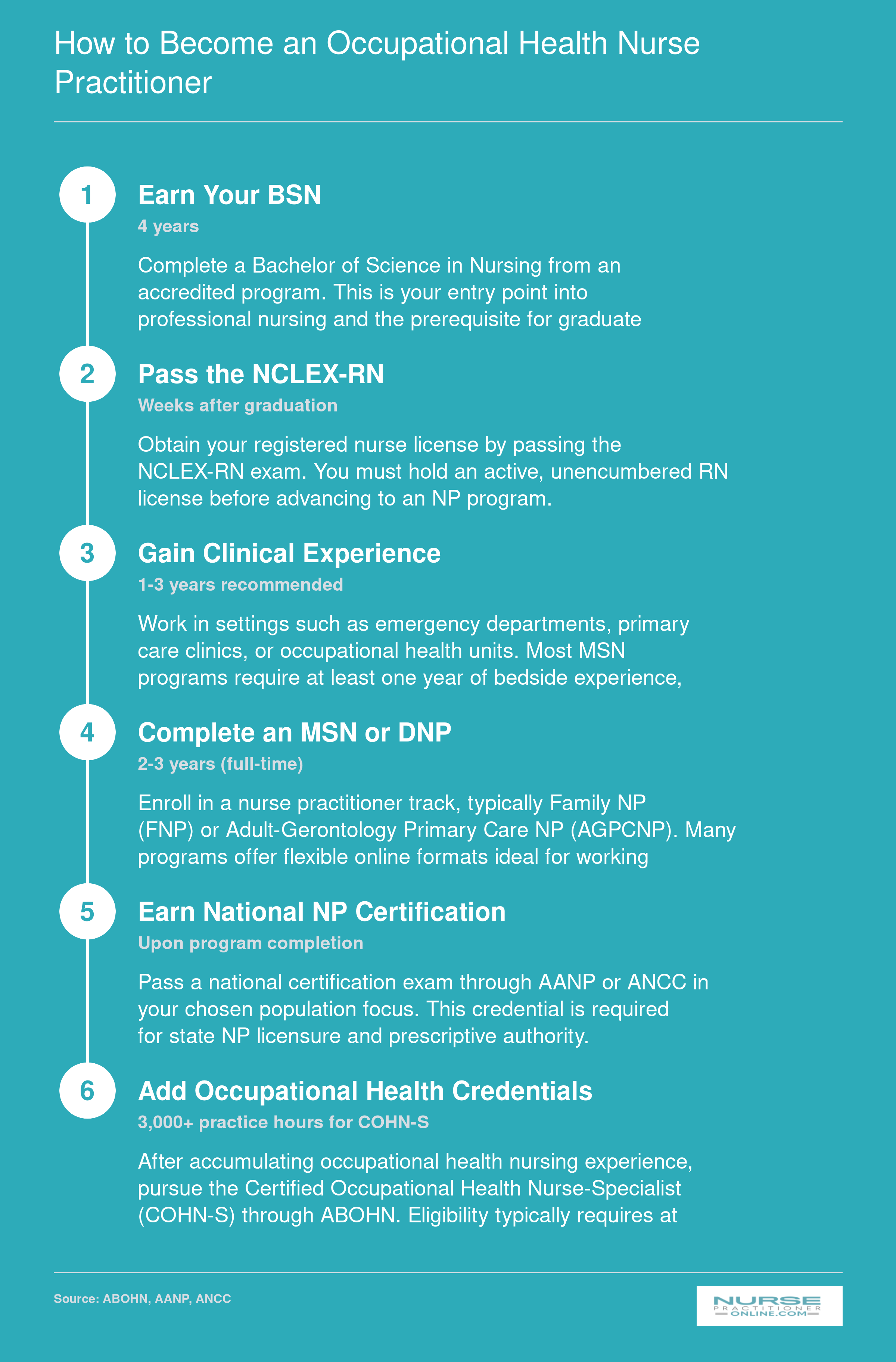 Six-step career pathway from BSN through RN licensure, clinical experience, MSN or DNP, NP certification, and occupational health credentials