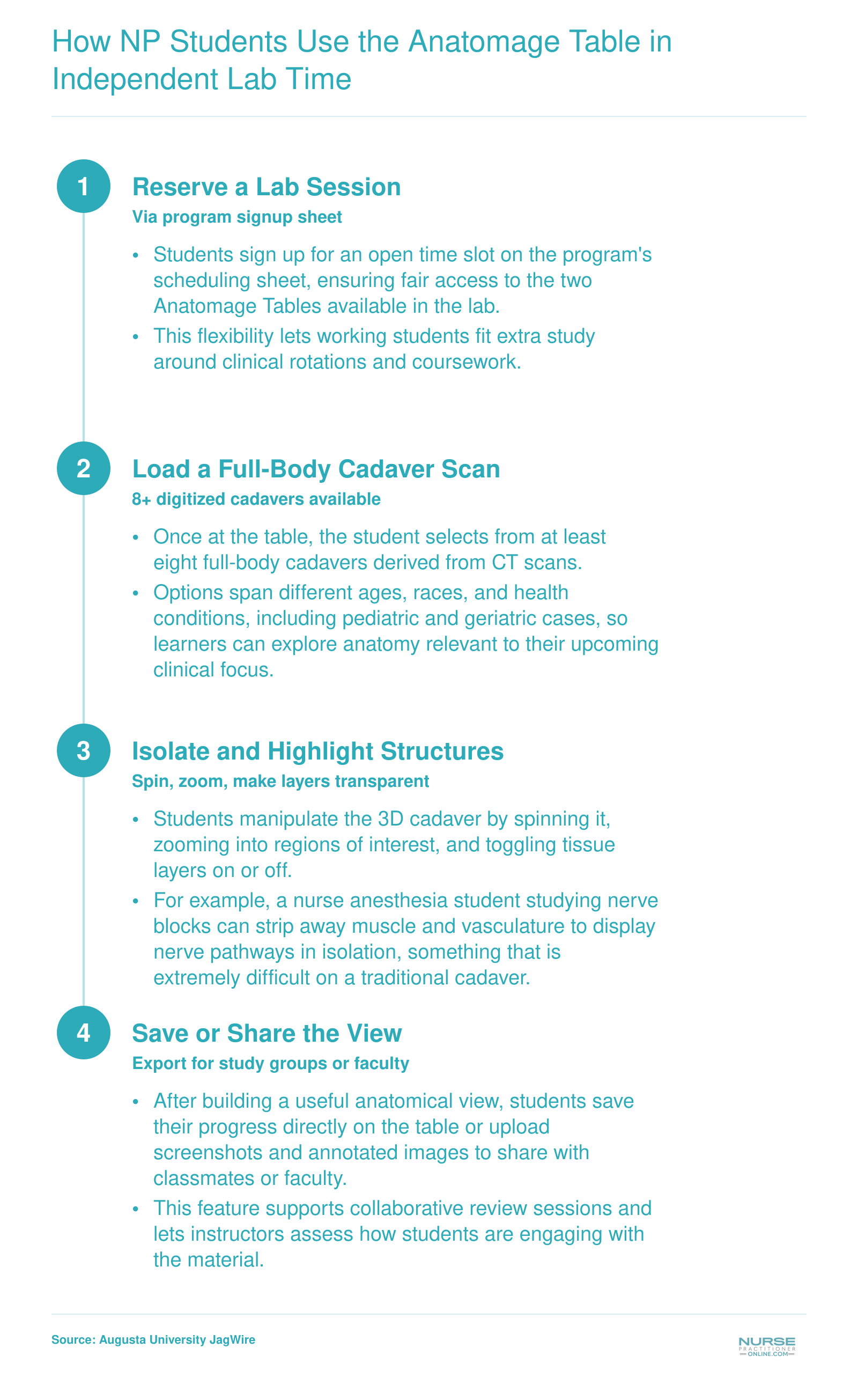 Four-step independent lab workflow for NP students using Anatomage Tables at Augusta University's Nursing Anesthesia Program